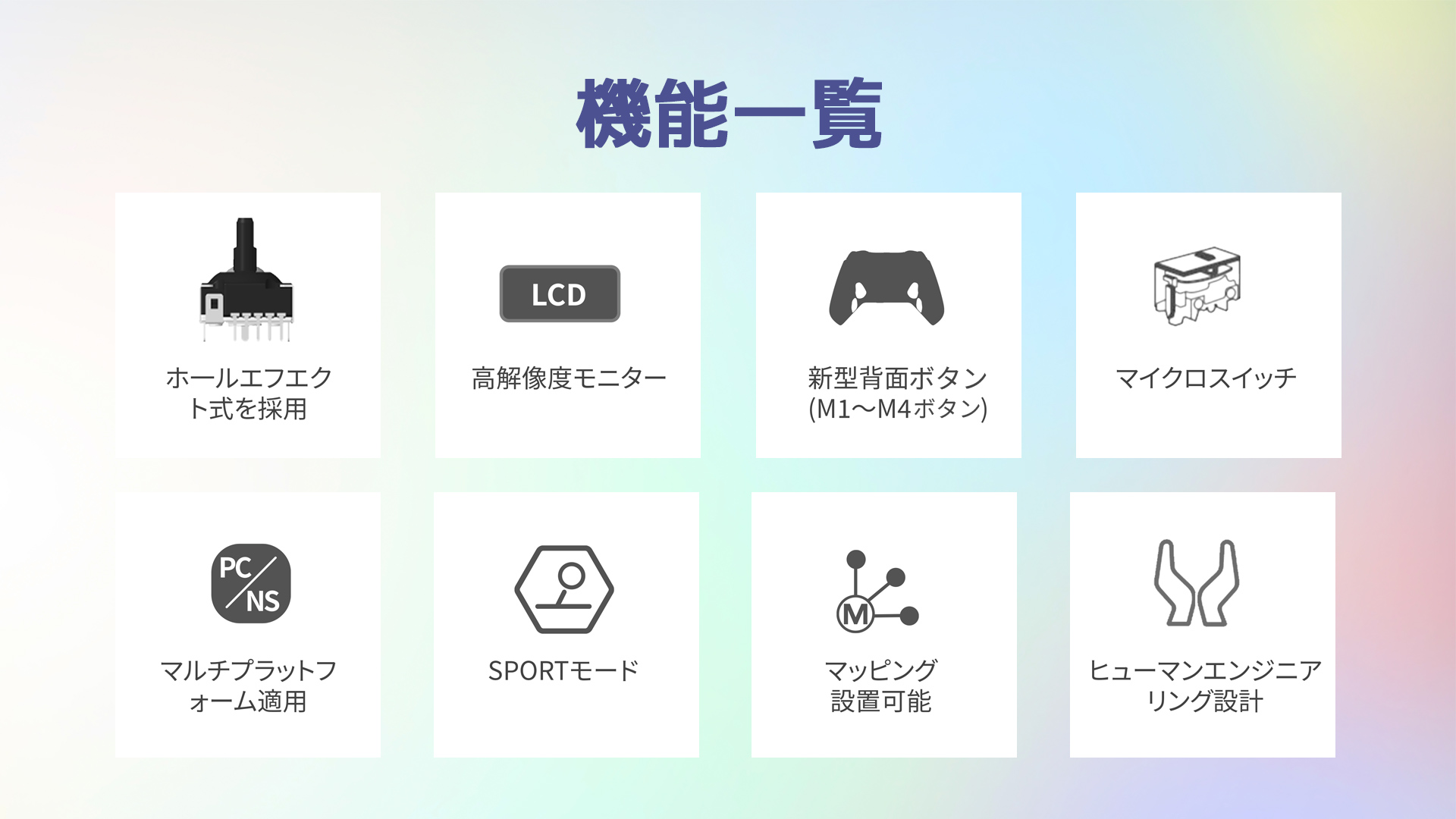 EVOTOP Axis機能一覧　ホールエフェクト式スティックを採用　高解像度モニター　新型背面ボタン（M1～M4ボタン）　マイクロスイッチ採用　マルチプラットフォーム適用　SPORTモード　マッピング設定可能　ヒューマンエンジニアリング設計