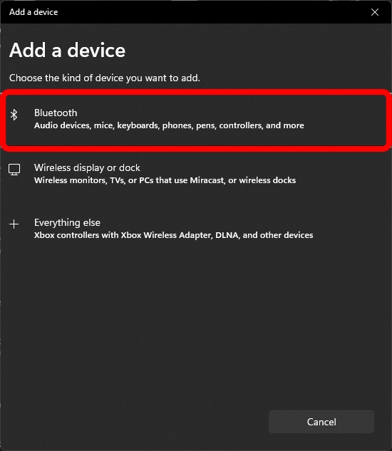 Select “Bluetooth” and open “Add Device”.