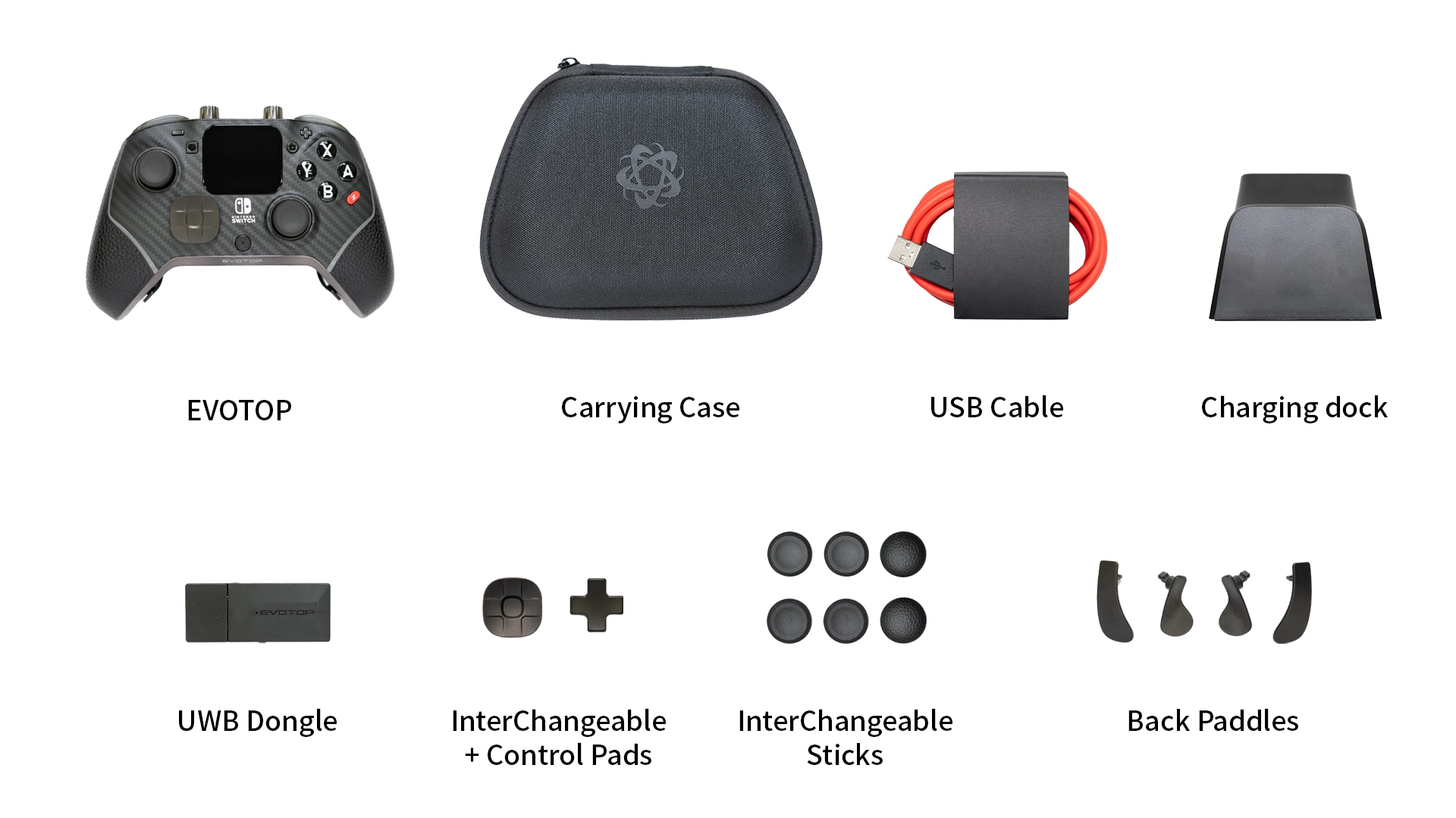 EVOTOP Carrying Case, USB Cable, Charging Dock, UWB Dongle, Replaceable D-pad, Replaceable Stick, Rear Paddle