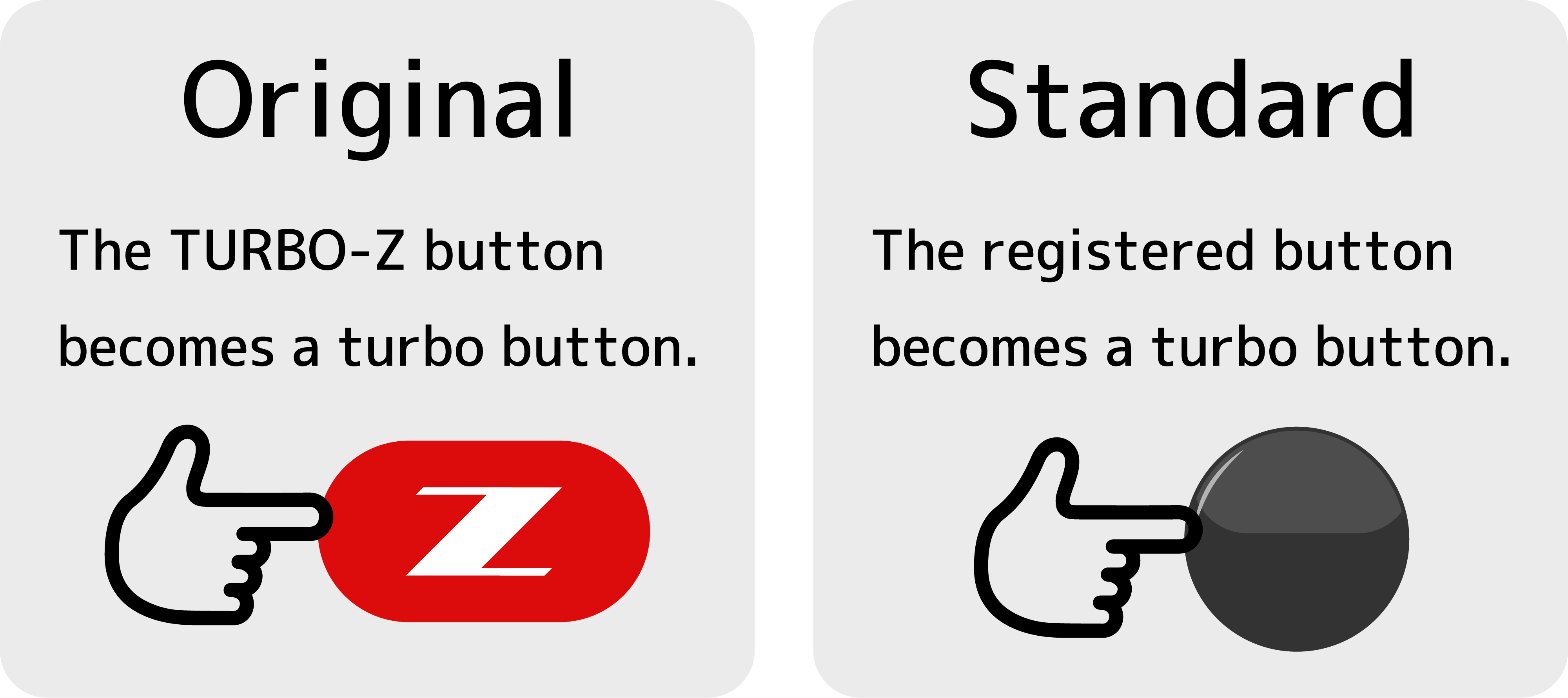 Original: By assigning any button to the TURBO-Z button, the TURBO-Z button becomes a continuous-fire button.Standard: The registered button becomes a continuous-fire button.