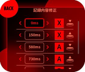 Xボタンを押してマクロの編集画面を開きます。タイミングを変更したい項目を選択し、十字ボタンで時間を変更してください