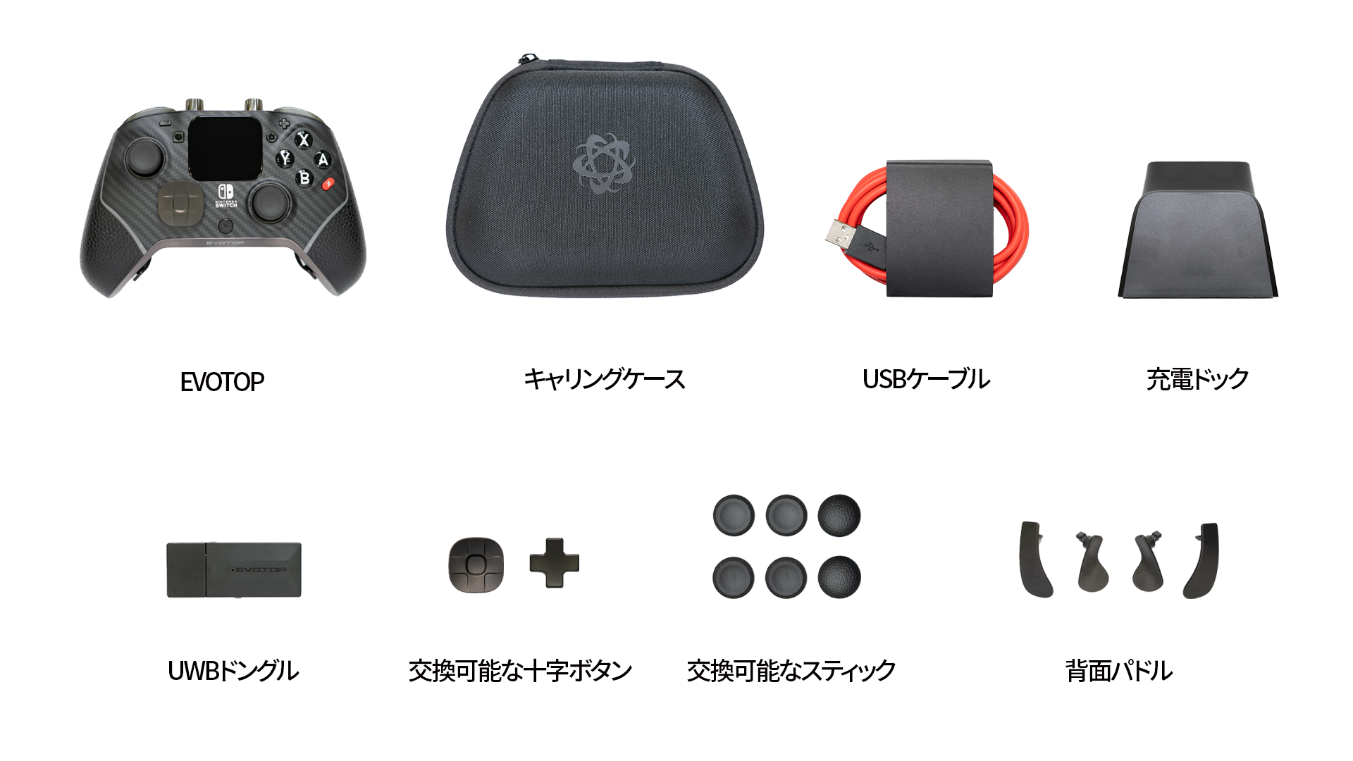 EVOTOP キャリングケース USBケーブル 充電ドック UWBドングル 交換可能な十字ボタン 交換可能なスティック 背面パドル